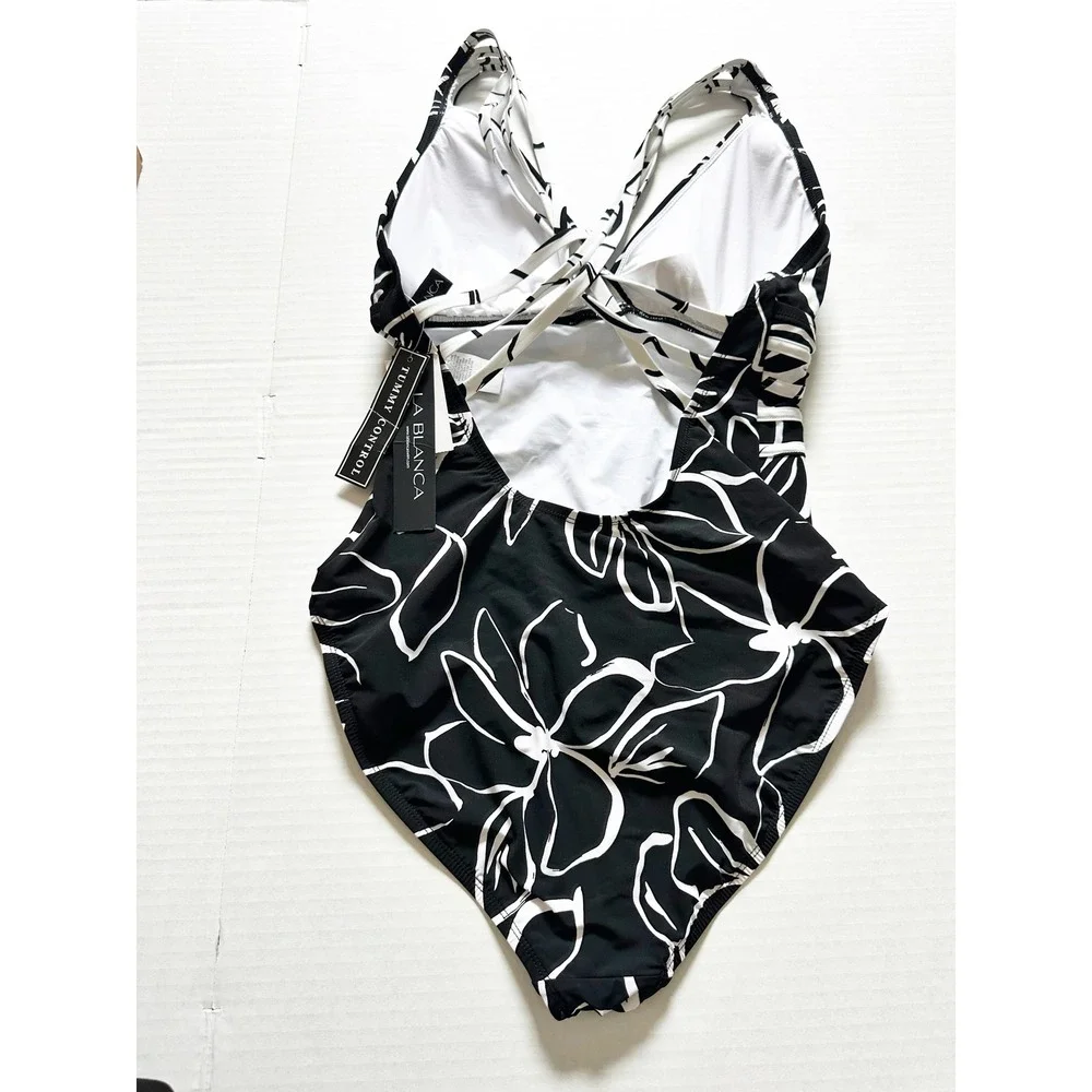 La Blanca One Piece Moonlit Silhouette Swimsuit 12 Black‎ FloralStrappy Back